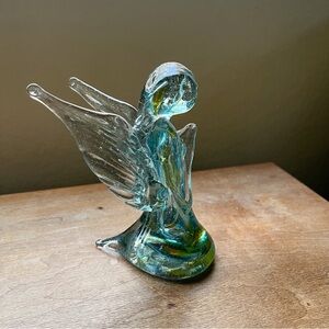 Handblown Glass Angel Praying Figurine Art Glass Blue Yellow Swirls 5" Tall